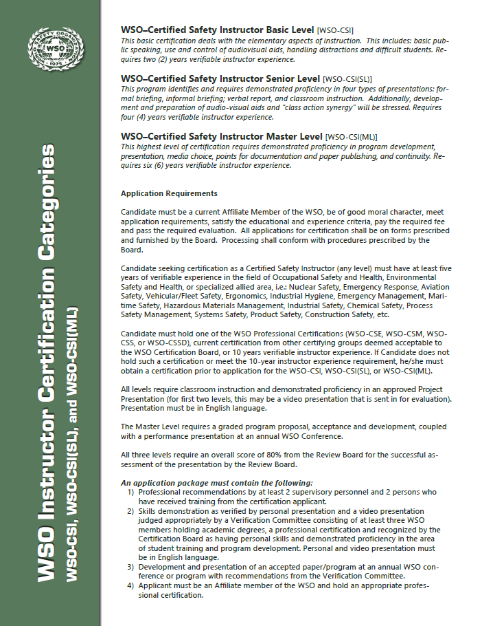 WSO Instructor Certifications Fact Sheet